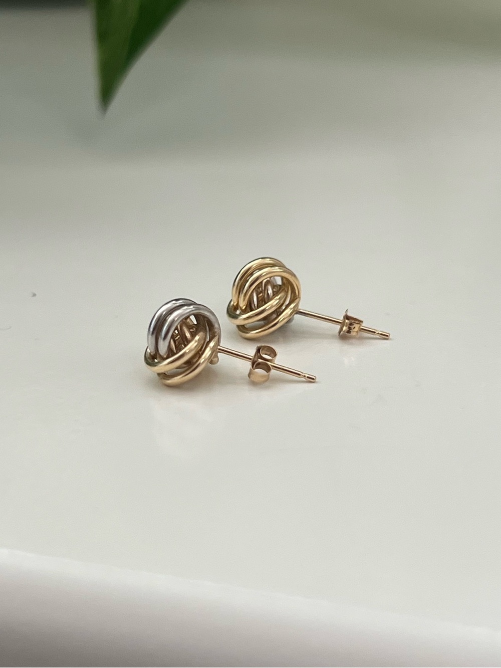 14K Gold Two Toned Interlocking Knot Stud Earrings, Real Yellow & White Gold - Picture 4 of 12